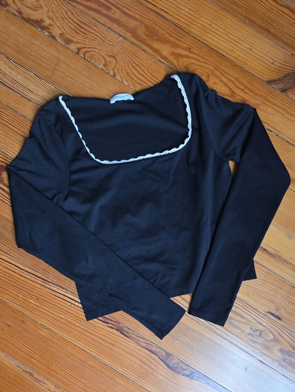 Altar'd State Black Long-Sleeve Square Neck Top with White Lace Trim